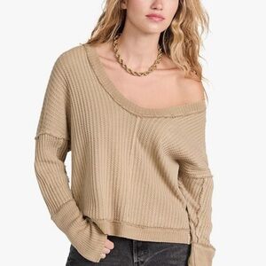 NWOT Free People Taupe Ribbed Knit sweater top scoop neck off the shoulder